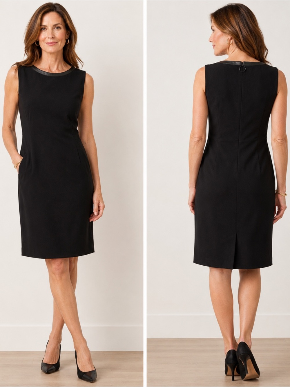 Akris Punto NWT Black Wool Sheath Dress Faux Leather Trim Hidden Zip Pockets 6